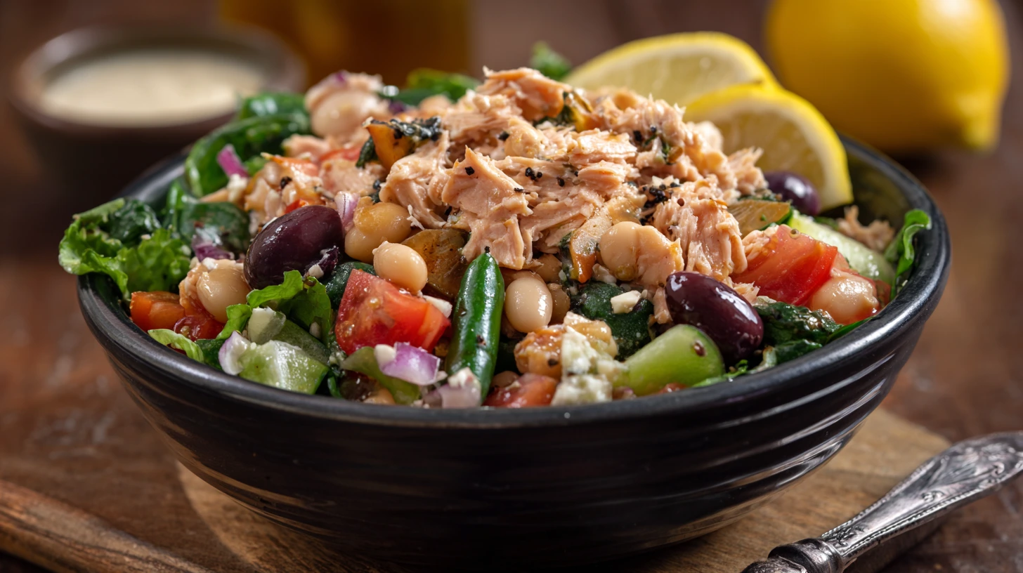 Close-up of a tuna salad with chickpeas, olives, tomatoes, and greens in a dark bowl, garnished with lemon slices