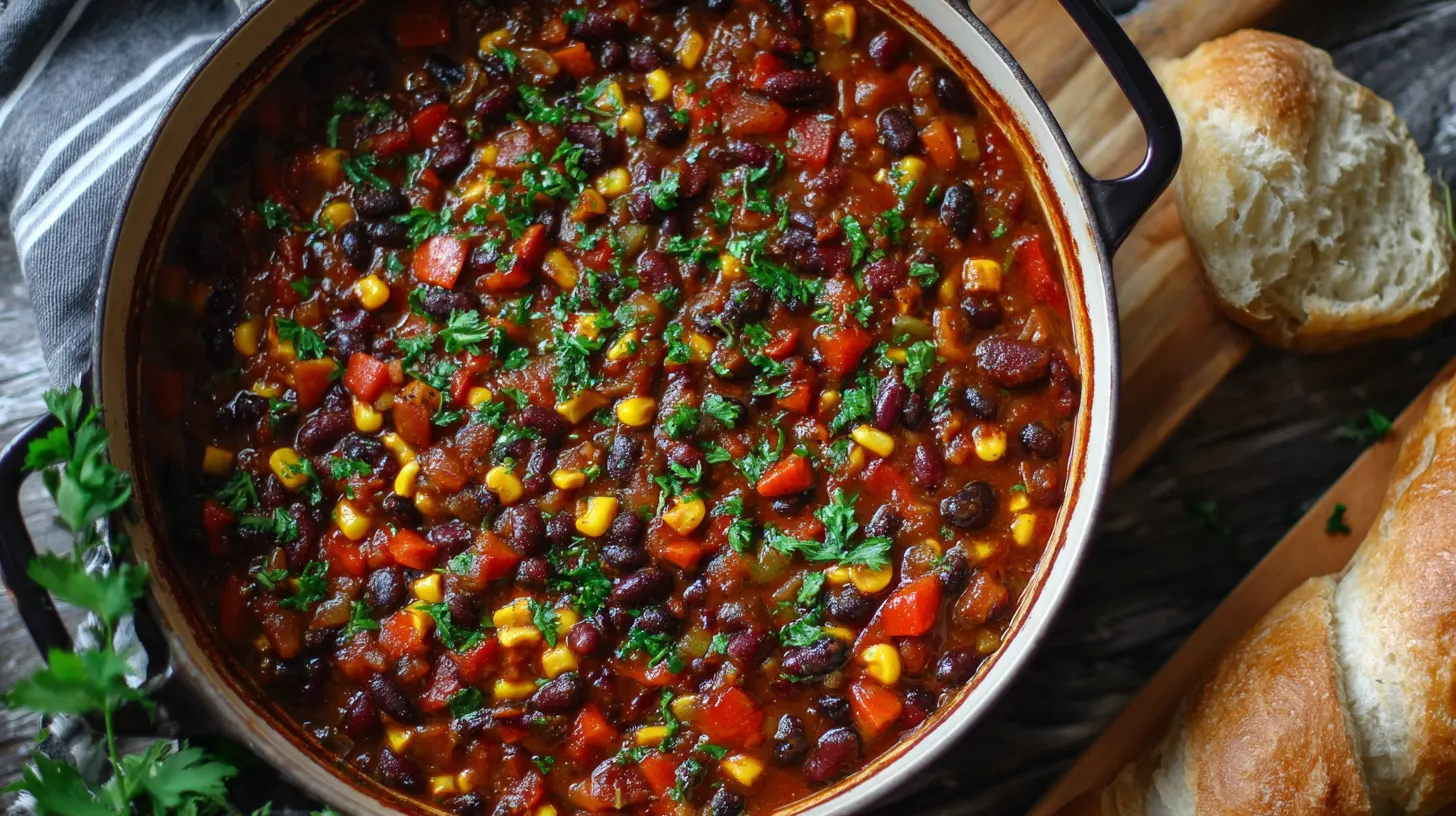Close-up overhead view of black bean and corn chili garnished with fresh parsley in a white enameled Dutch oven beside crusty bread