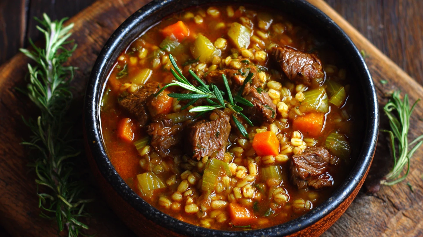 Close-up view of a bowl of beef and barley stew with chunks of beef, carrots, and celery