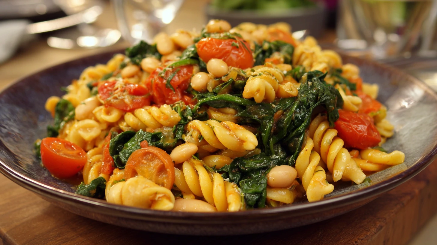 Fusilli pasta mixed with white beans, wilted spinach, and halved cherry tomatoes served in a dark, shallow bowl