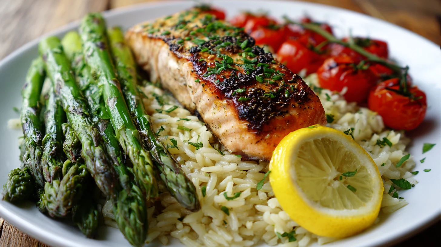 Grilled salmon served on rice pilaf with roasted asparagus, blistered cherry tomatoes on the vine, and a lemon slice