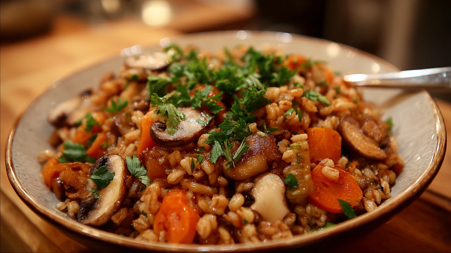 Savory grain dish mixed with sliced mushrooms and root vegetables, topped with fresh chopped parsley in a shallow bowl