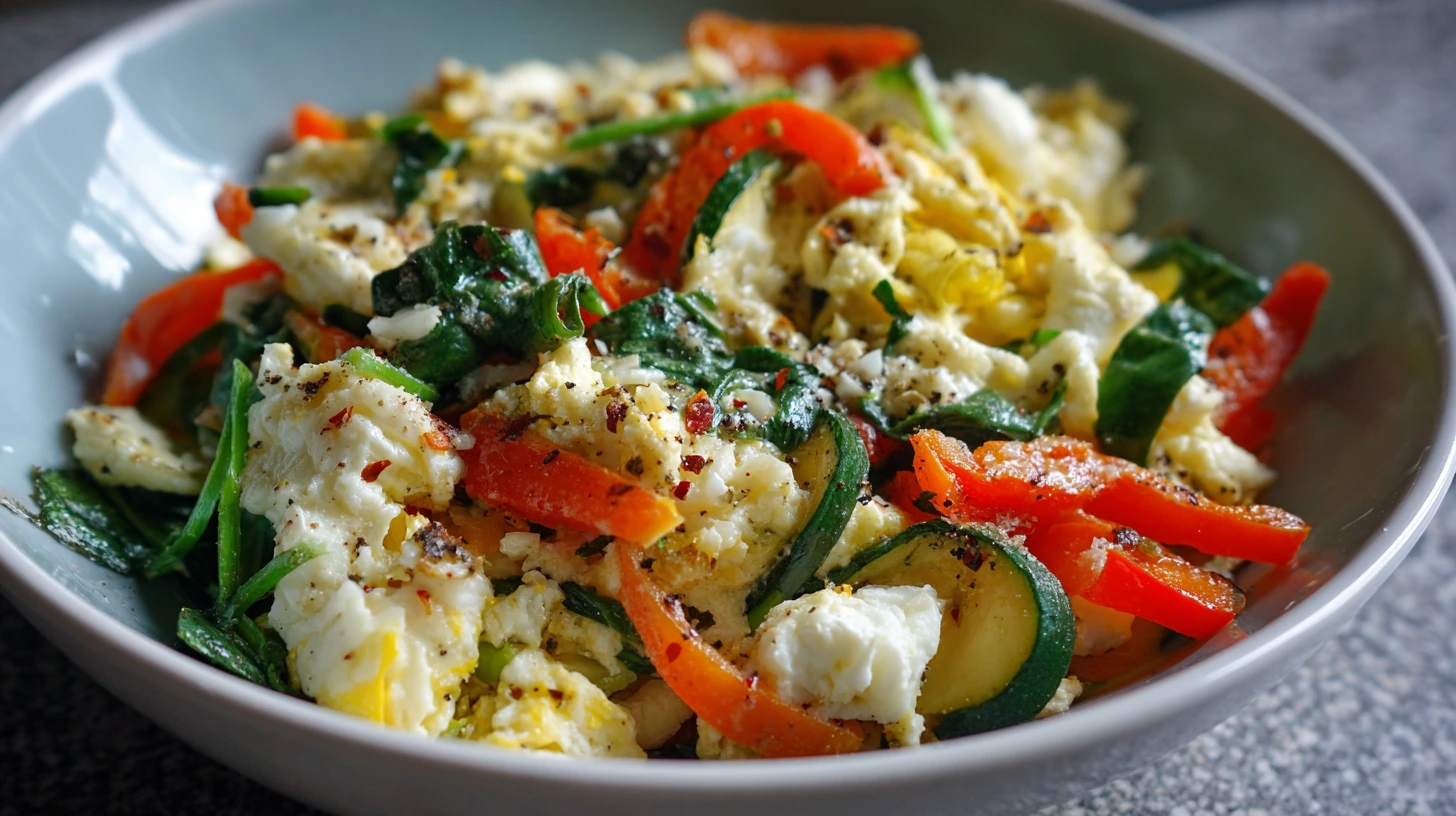 Scrambled eggs with spinach, red bell peppers, and zucchini slices with pepper flakes in a bowl