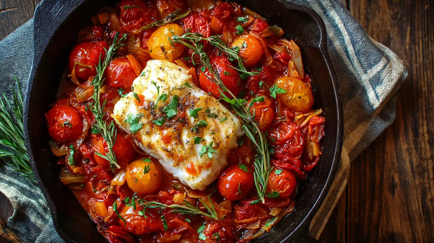 Seared white fish fillet with roasted cherry tomatoes, onions, and rosemary in a dark cast-iron skillet