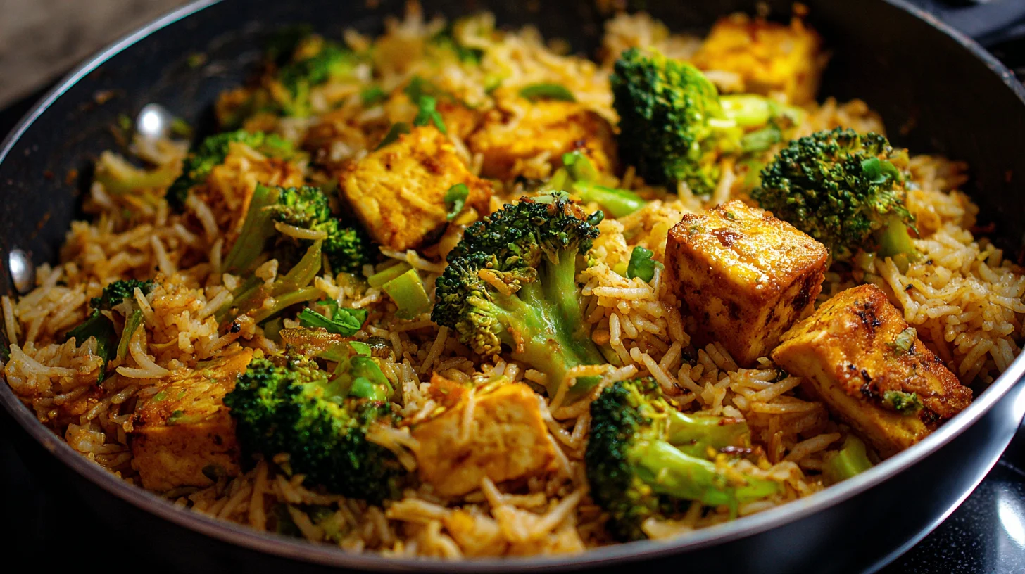 Seasoned fried rice mixed with green broccoli florets and golden-brown pan-fried tofu cubes in a dark skillet