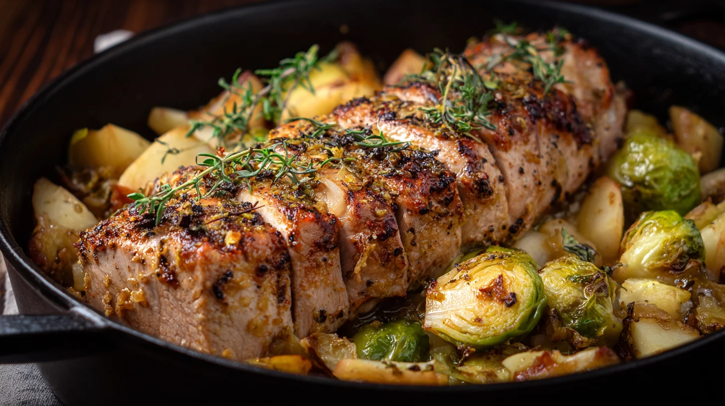 Seasoned, sliced pork loin roasted with potatoes and Brussels sprouts, garnished with fresh thyme in a black skillet