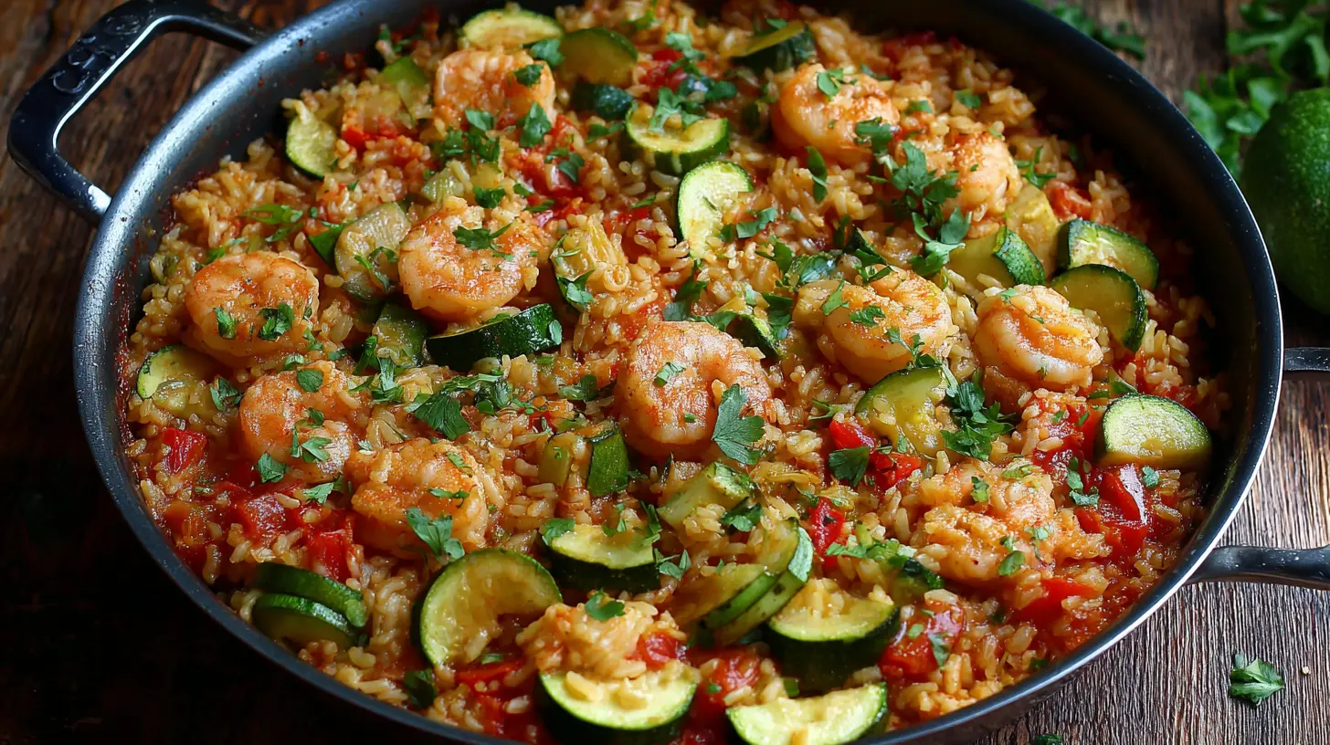 Shrimp and zucchini paella cooked in a dark skillet, garnished with chopped cilantro on a wooden surface