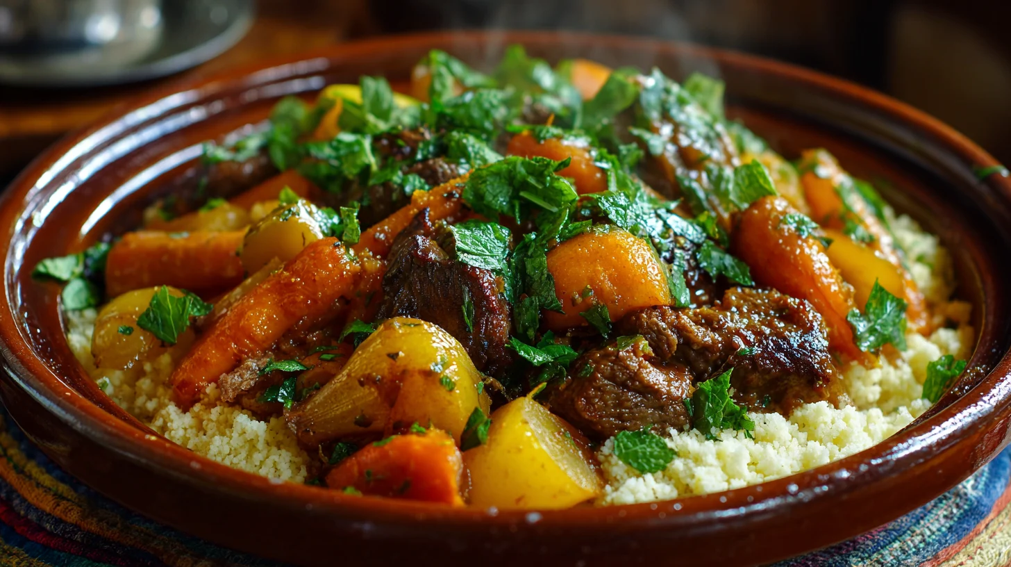 Steaming Moroccan tagine with stewed meat, carrots, and potatoes served over a bed of fluffy couscous, garnished with fresh mint