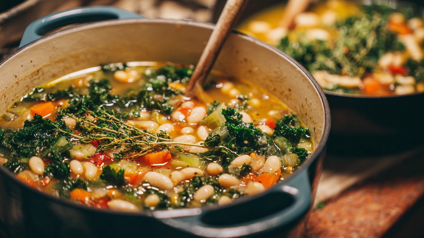 White bean and kale soup garnished with fresh thyme served in a teal Dutch oven