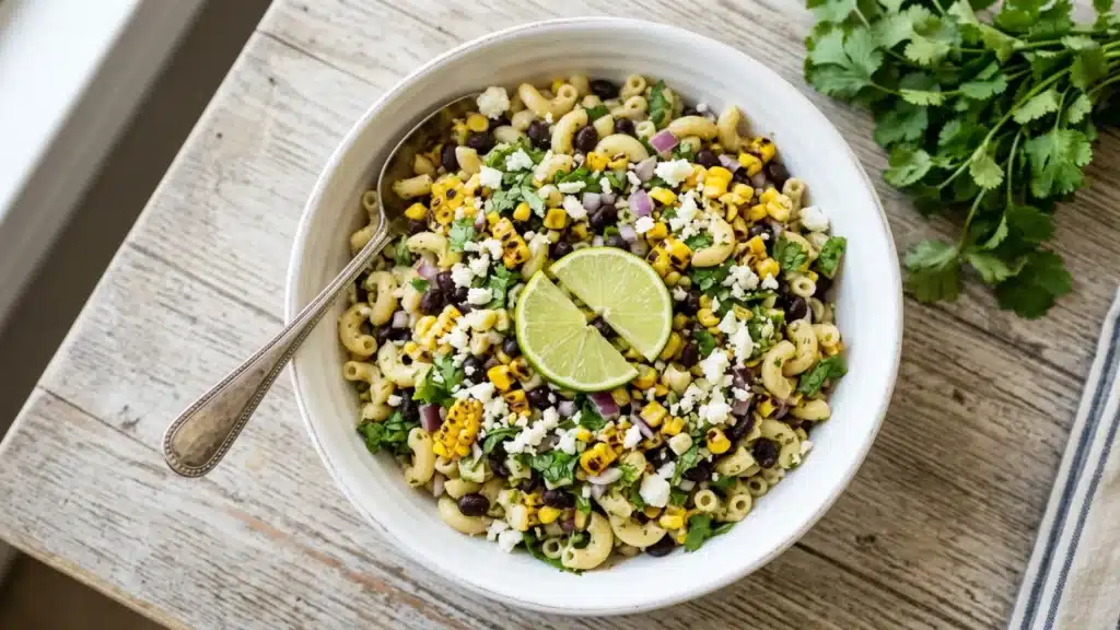 A bowl of Mexican-inspired pasta salad on a rustic wooden table. It includes macaroni, corn, black beans, cilantro, and crumbled cheese, topped with lime slices