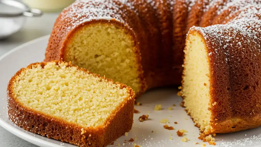 A bundt cake with a single slice taken out, highlighting its rich color and unique shape.