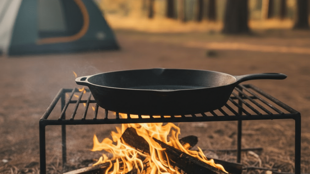 A cast-iron skillet sits on a grill over a campfire, with flames flickering beneath. A tent is blurred in the background, creating a cozy outdoor setting.