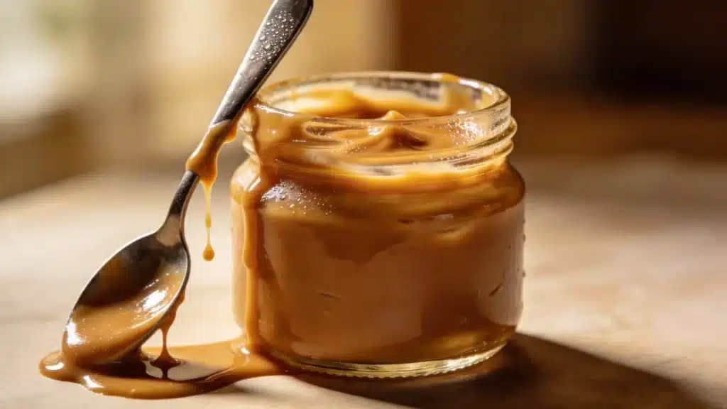 A clear jar containing thick caramel sauce, emphasizing its warm, amber hue and velvety consistency.