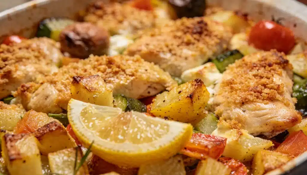 A close up of Greek chicken and vegetable bake including roasted potatoes, zucchini, tomatoes, and a slice of fresh lemon in a baking dish
