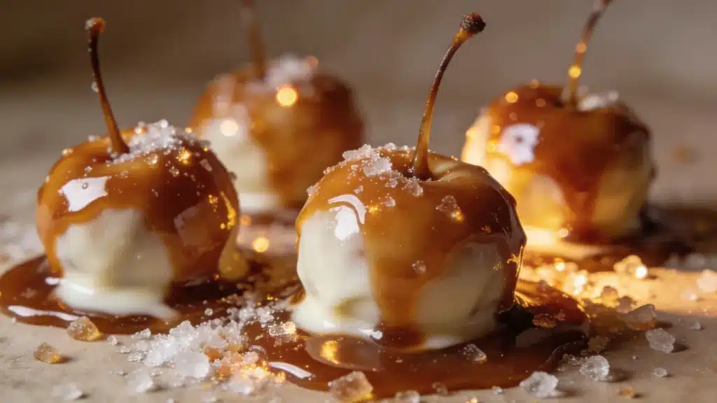 A close-up of caramel apples drizzled with caramel sauce and sprinkled with sugar, showcasing their sweet, glossy finish