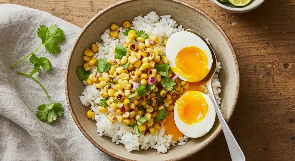 A close up overhead view of a rustic bowl containing white rice topped with charred corn salad and two soft boiled eggs served with a silver spoon on a wooden table.