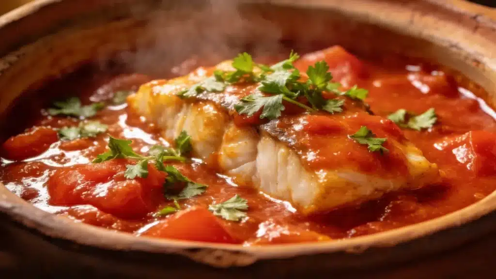 A closeup of a steaming cod and tomato sauce and garnished with fresh cilantro in a bowl