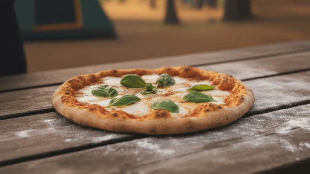 A freshly baked pizza with basil leaves sits on a wooden table dusted with flour. The background suggests a warm, rustic outdoor setting.