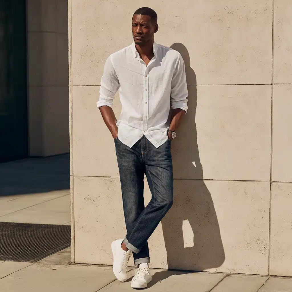 A man wearing a white button down shirt blue jeans and white sneakers leans against a light stone wall in the sunshine