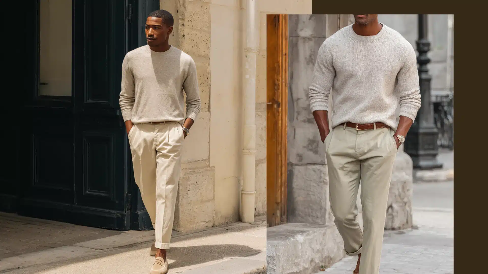 A man wearing a white loose sweater and grey trousers leans against a window frame with his hands tucked into his deep pockets