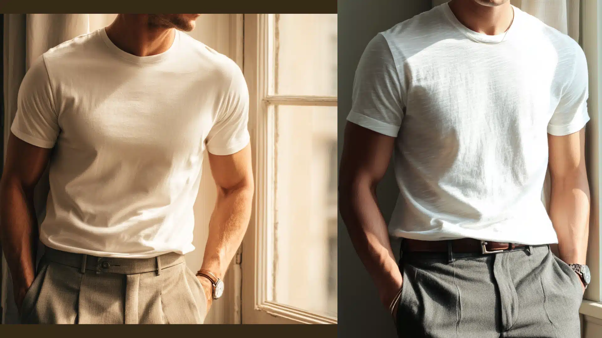 A man wearing a white t shirt and grey trousers leans against a window frame with his hands tucked into his deep pockets