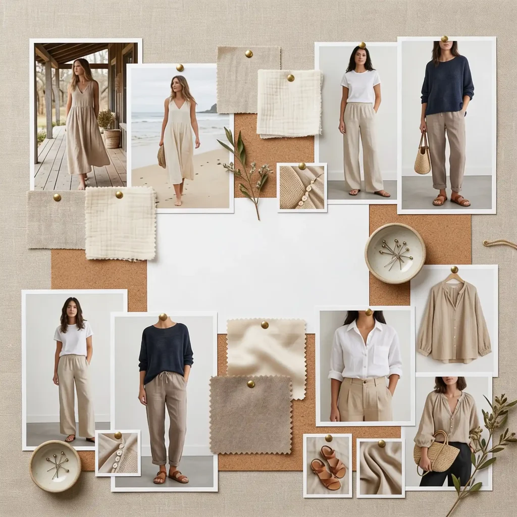 A mood board featuring women wearing neutral linen clothing, fabric swatches, buttons, sandals, and decorative pins on a corkboard background