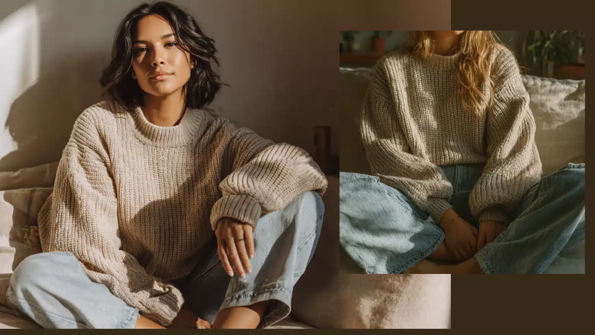 A person with long blonde hair sits cross legged on a sofa wearing an oversized beige knit sweater and blue denim jeans