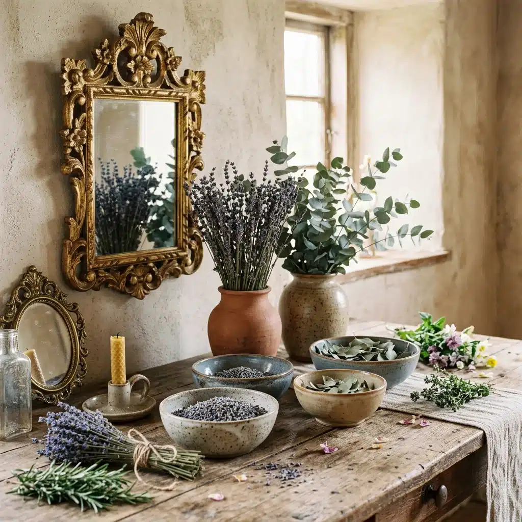 A rustic wooden table displays bowls of dried lavender, fresh rosemary, eucalyptus branches, and a tall, ornate gold mirror reflecting dried lavender