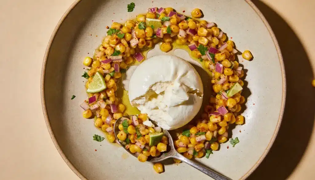 A scoop of burrata cheese is served in the center of a light beige plate, surrounded by a ring of charred corn salad mixed with red onion, cilantro, lime wedges, and olive oil.