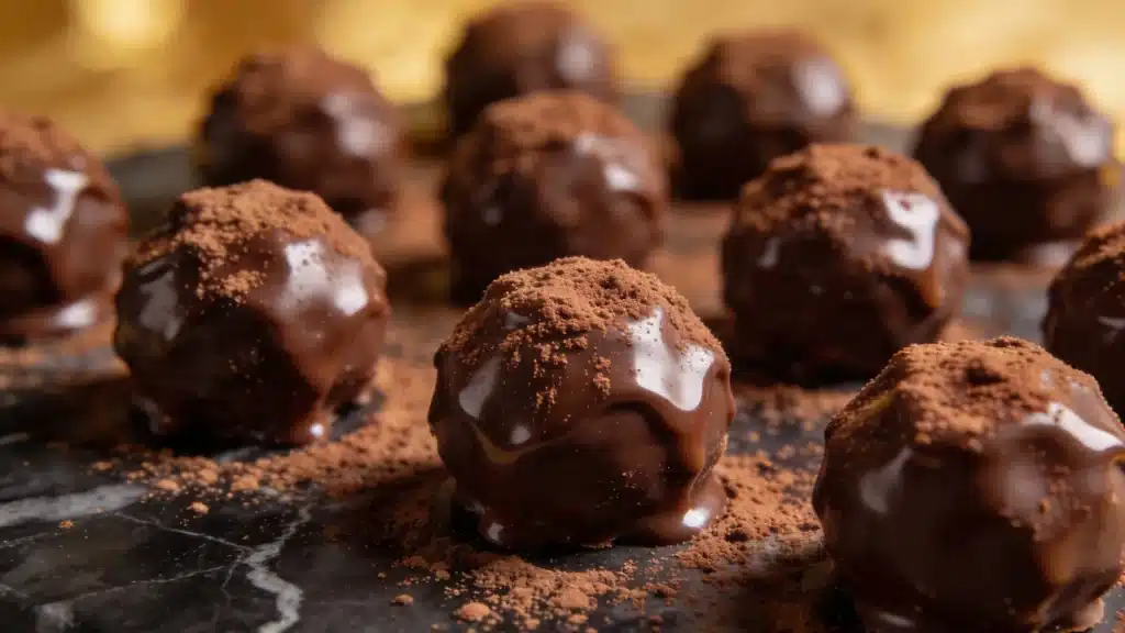A selection of chocolate truffles arranged on a smooth marble surface, showcasing their rich textures and colors.