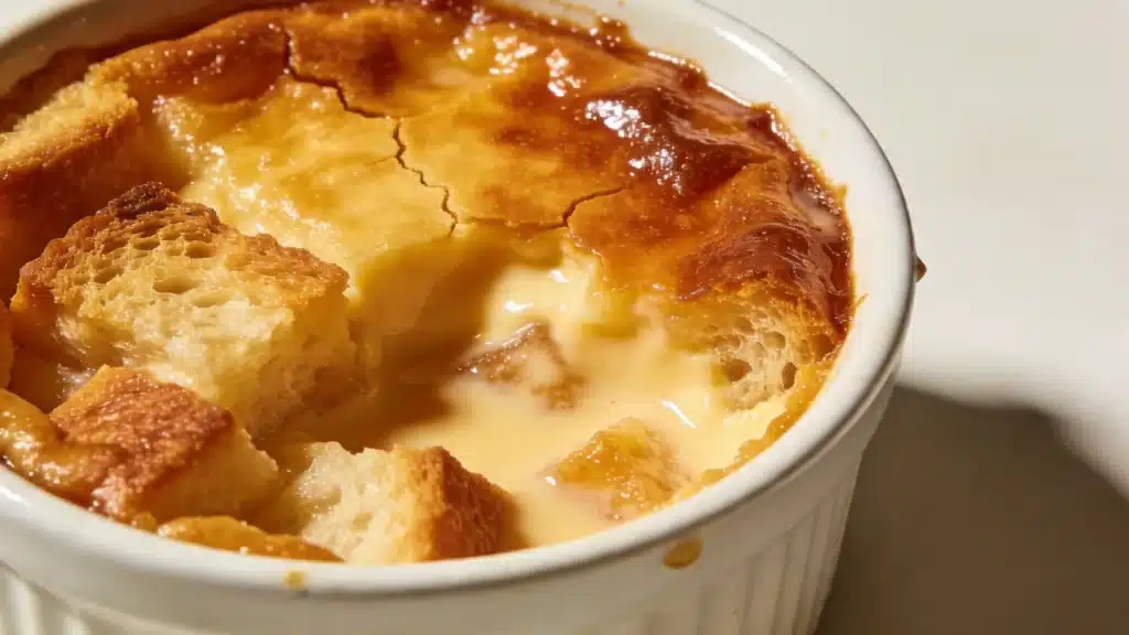 A serving of bread pudding in a bowl, accompanied by a spoon, highlighting its soft, custardy consistency.