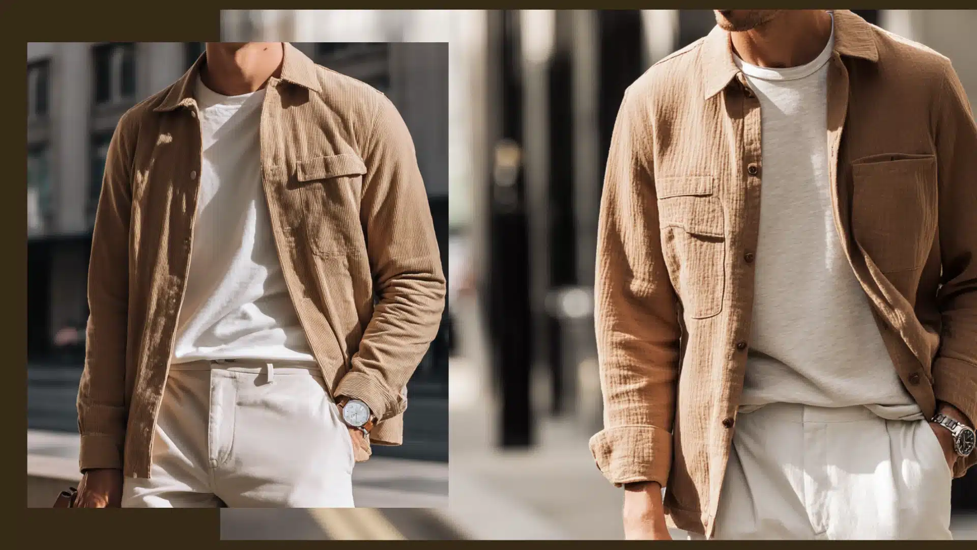 A side by side view of a man wearing a tan button down shirt over a white tee with cream pants and a watch on his wrist