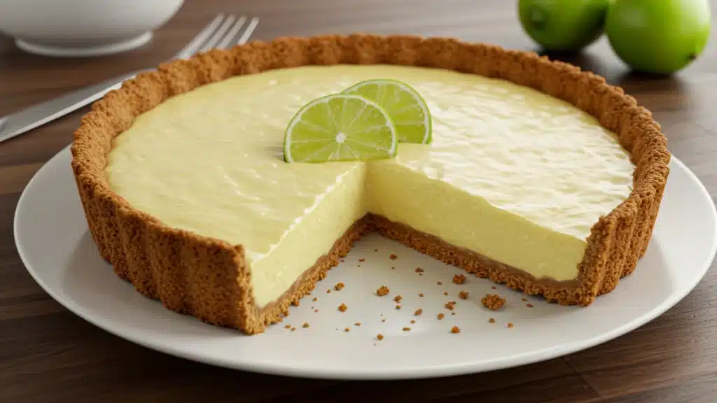 A single slice of lime pie served on a plate, featuring a bright green filling and a buttery crust.