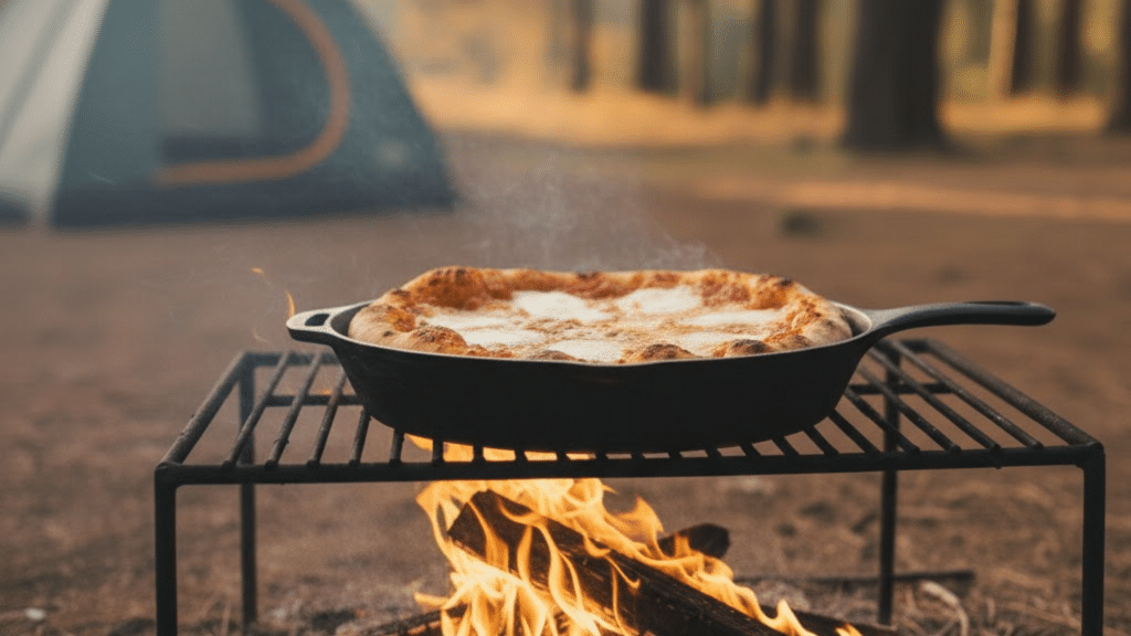 A skillet pizza cooks over a campfire on a metal grate, surrounded by forest, with a tent in the background, creating a cozy outdoor cooking scene.