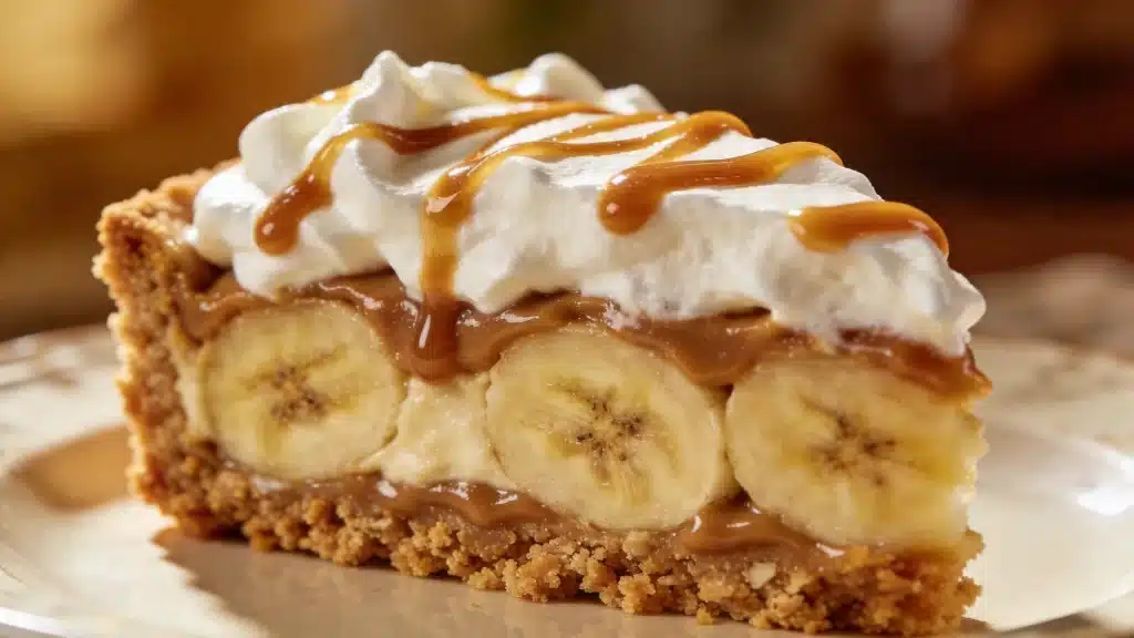 A slice of banana cream pie drizzled with rich caramel sauce, showcasing layers of cream and banana.