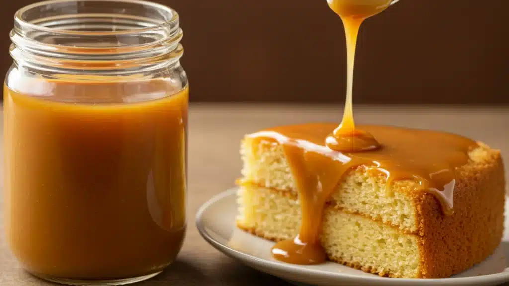 A slice of cake with warm caramel sauce cascading over it, adding a sweet touch to the dessert.