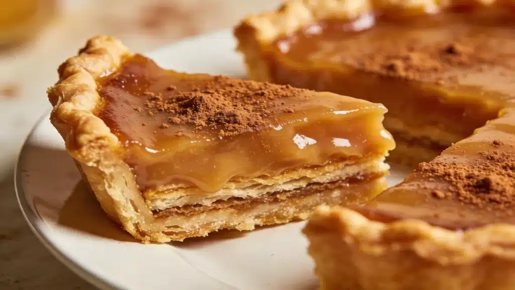 A slice of caramel apple pie on a white plate, showcasing a golden crust and drizzled caramel topping.
