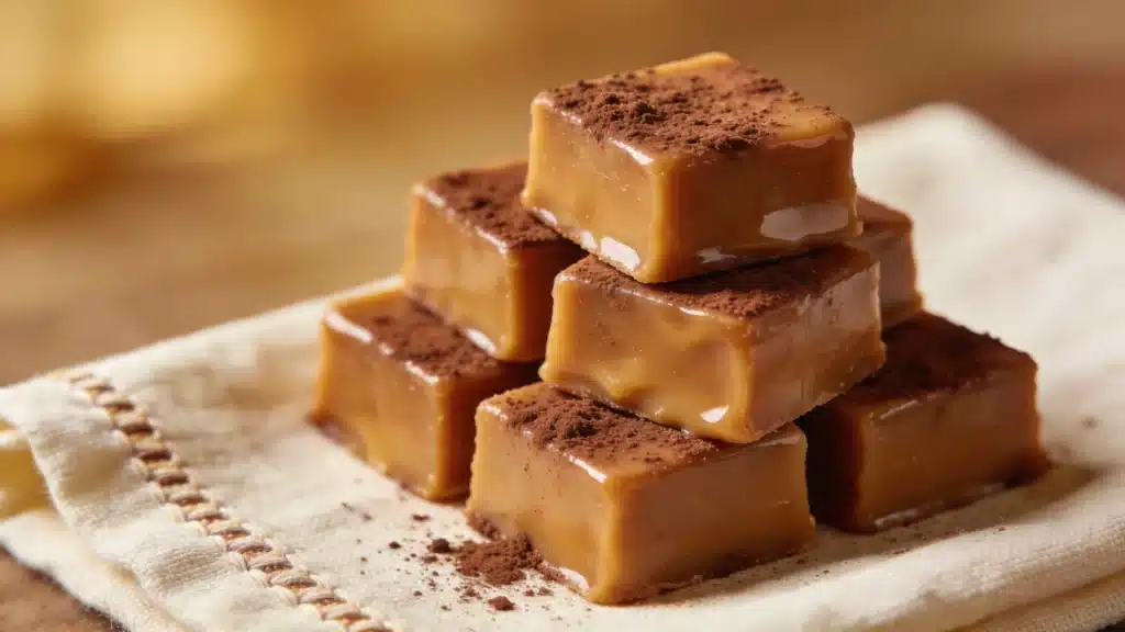 A stack of glossy, square caramel candies dusted with cocoa powder resting on a cream-colored, textured cloth.