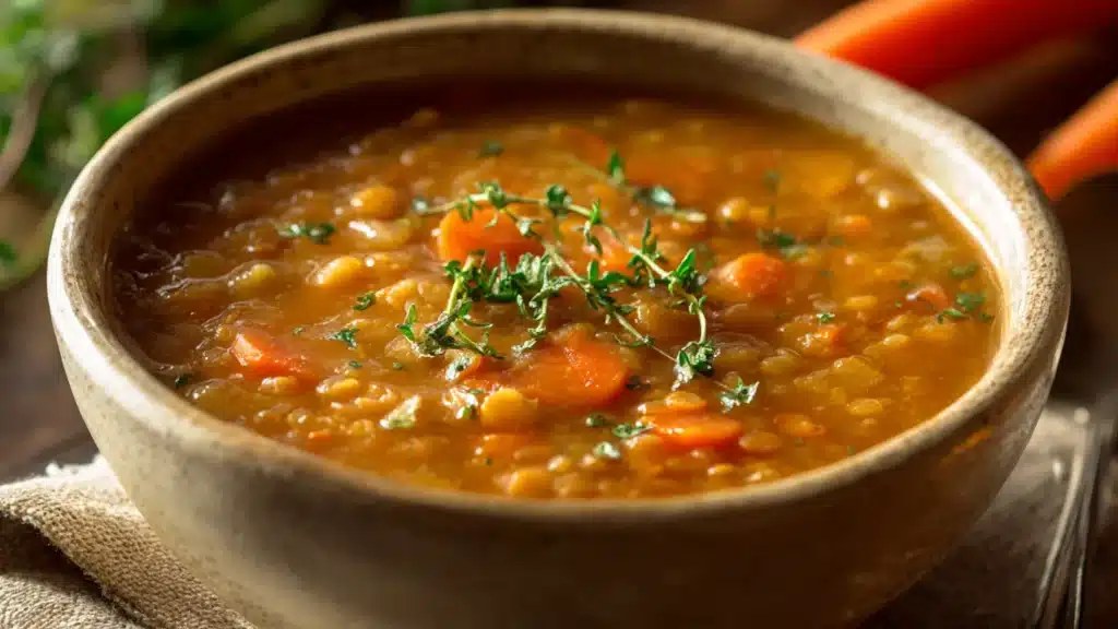 A stone bowl of hot lentil soup topped with fresh herbs and sliced carrots sits on a rustic table with a silver spoon