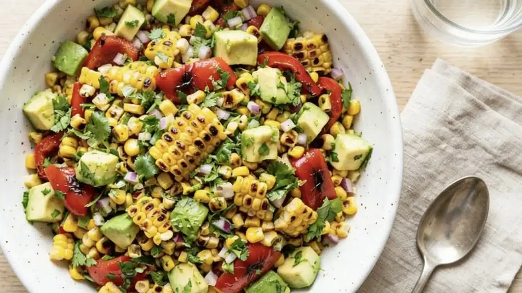 A vibrant corn salad in a white bowl, featuring grilled corn, avocado, red peppers, red onion, and cilantro