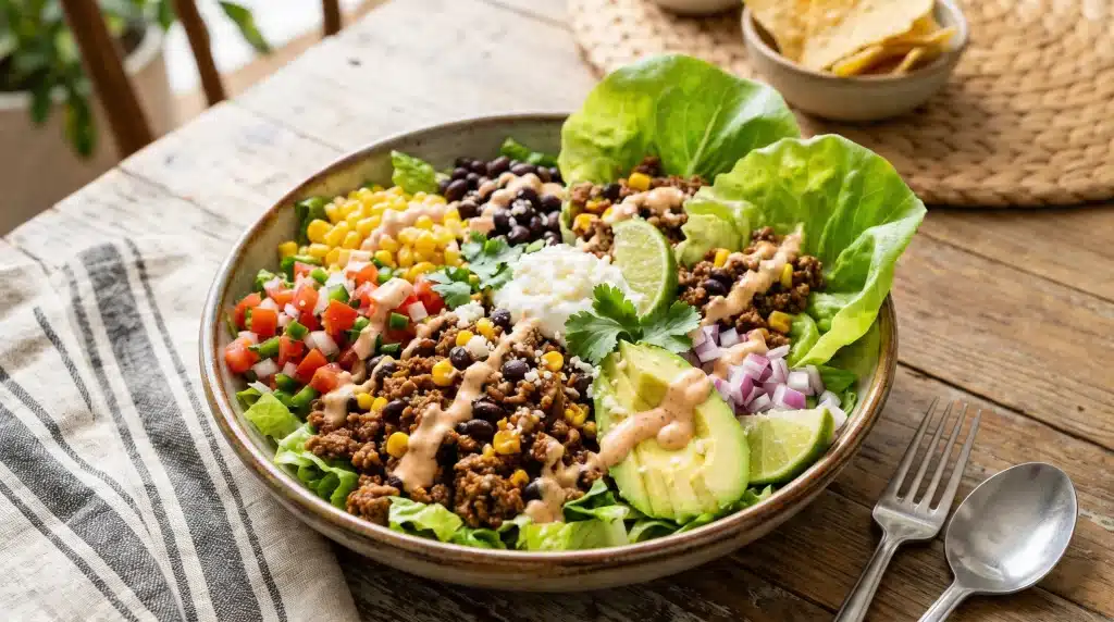 A vibrant taco salad bowl featuring seasoned ground meat, black beans, corn, pico de gallo, avocado, sour cream, and a creamy drizzle, resting on a rustic wooden table