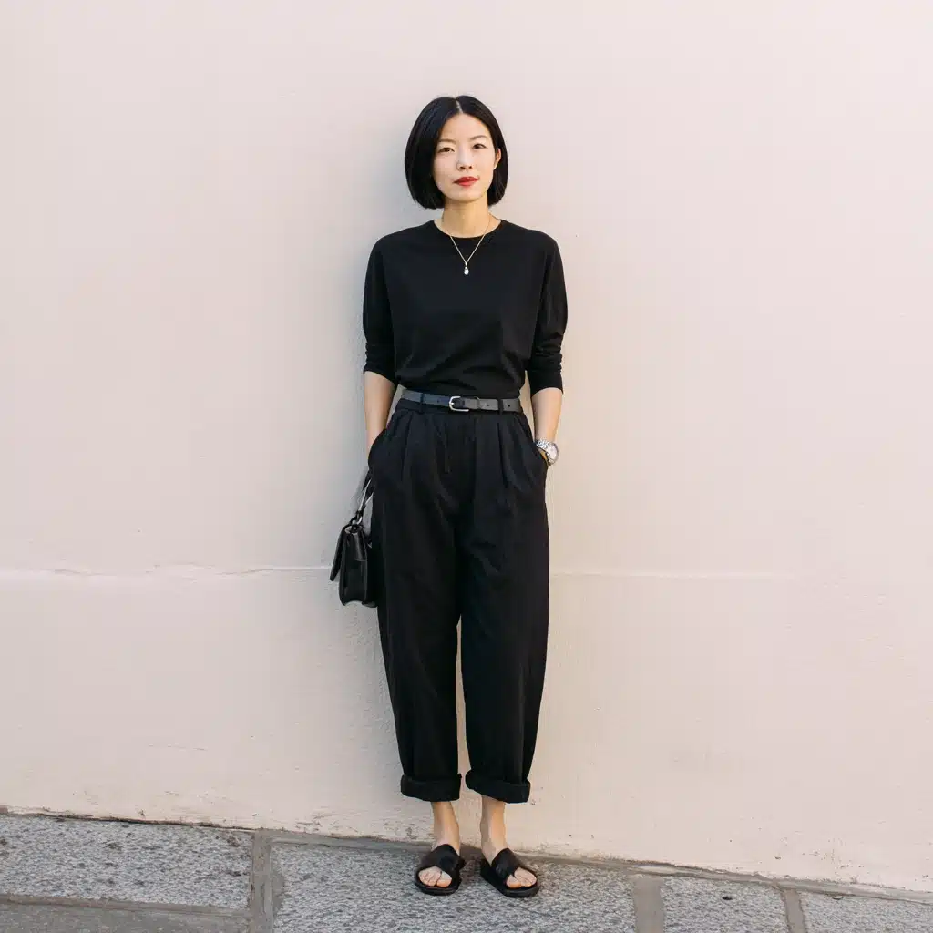 A woman wearing a black short sleeve shirt and high waisted black pants stands before a plain wall with a small black bag (1)