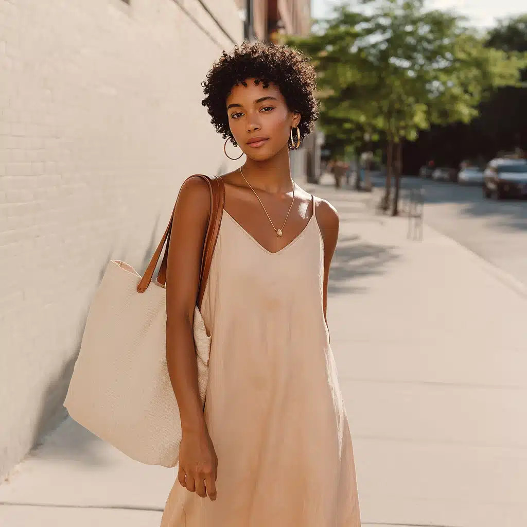 A woman with dark curly hair wearing a beige slip dress and gold hoop earrings walks on a sidewalk with a large tote bag