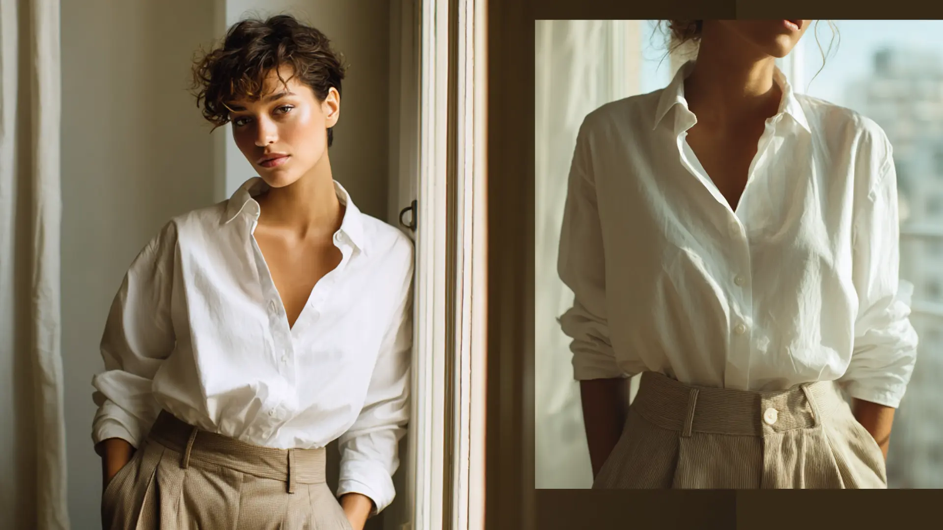 A woman with short brown curly hair wears a white button down shirt and tan pleated trousers while leaning by a window