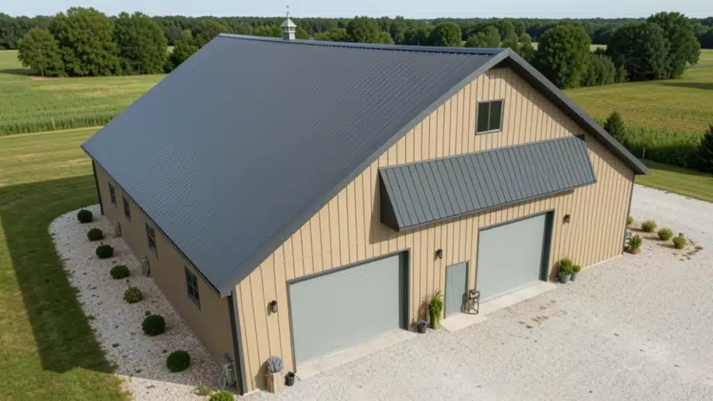 Aerial view of a modern tan pole barn with a dark gray metal roof, two large garage doors, and a gravel driveway surrounded by green fields and trees.