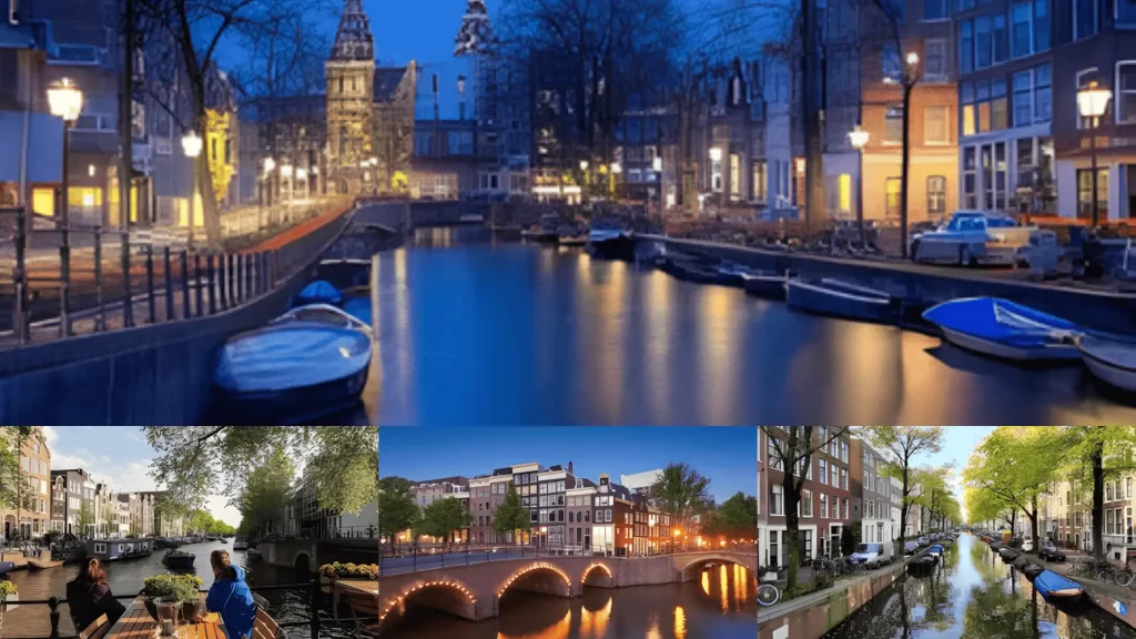 Amsterdam canals at dusk, lit bridges, boats, and tree-lined streets with historic buildings