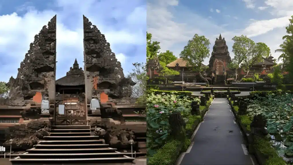 Bali temple gates, traditional shrine, and lush garden path with pond and tropical greenery