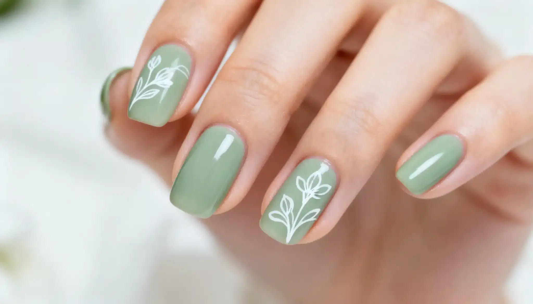 Beautifully manicured sage green nails embellished with white flowers, offering a fresh and stylish sage green nails inspo.