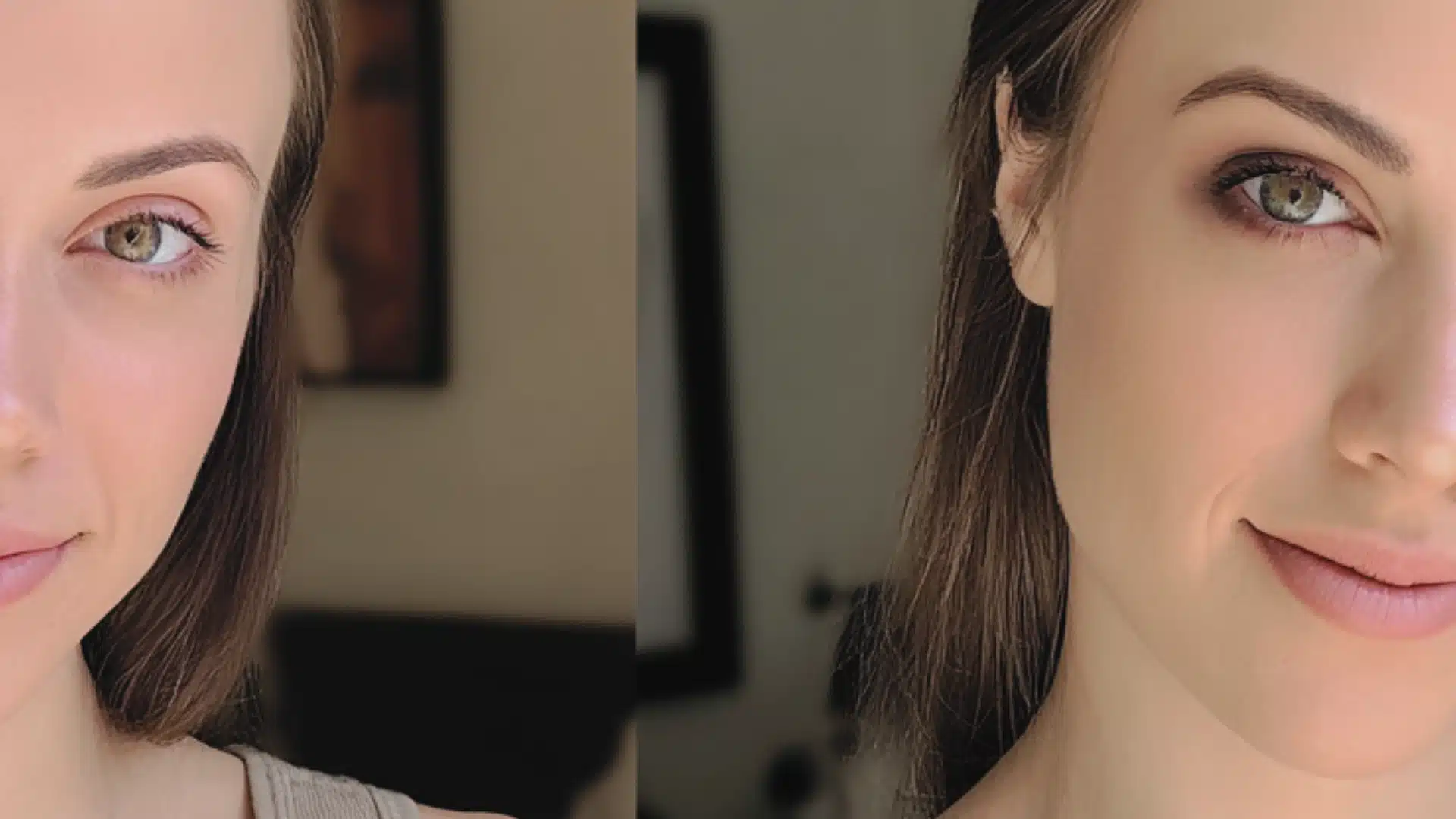 Before and after everyday makeup look, showing natural skin on the left and on the right a nude, natural makeup look