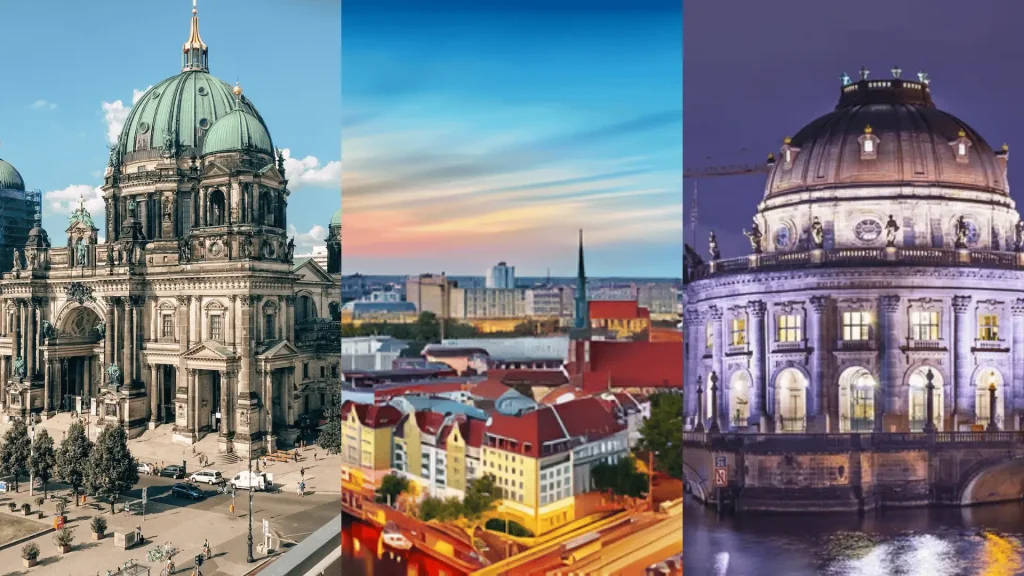 Berlin Cathedral by day, city skyline and illuminated dome by the river at night